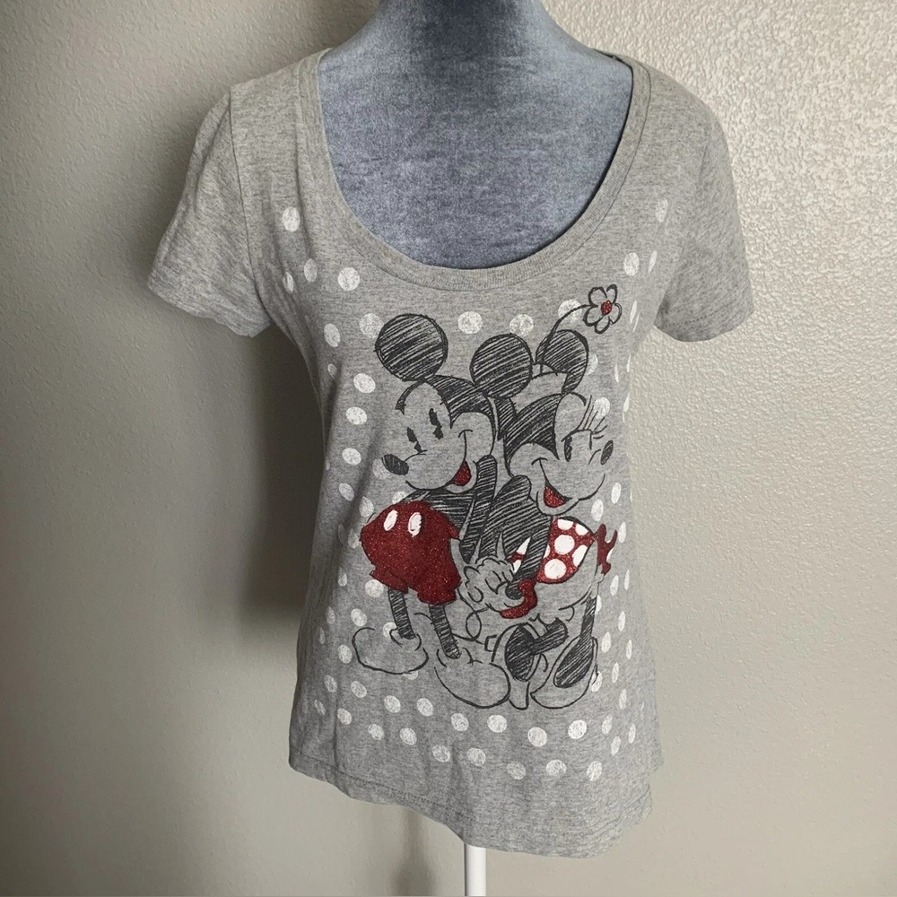 Disney Women's Small Mickey & Minnie Polka Dot Grey Short Sleeve T-Shirt